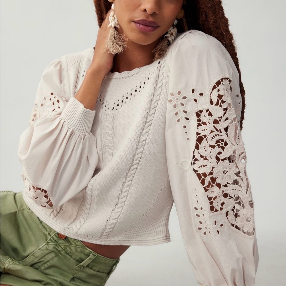 NWoT By Anthropologie Cutwork Puff-Sleeve Sweater women color pearl size Small